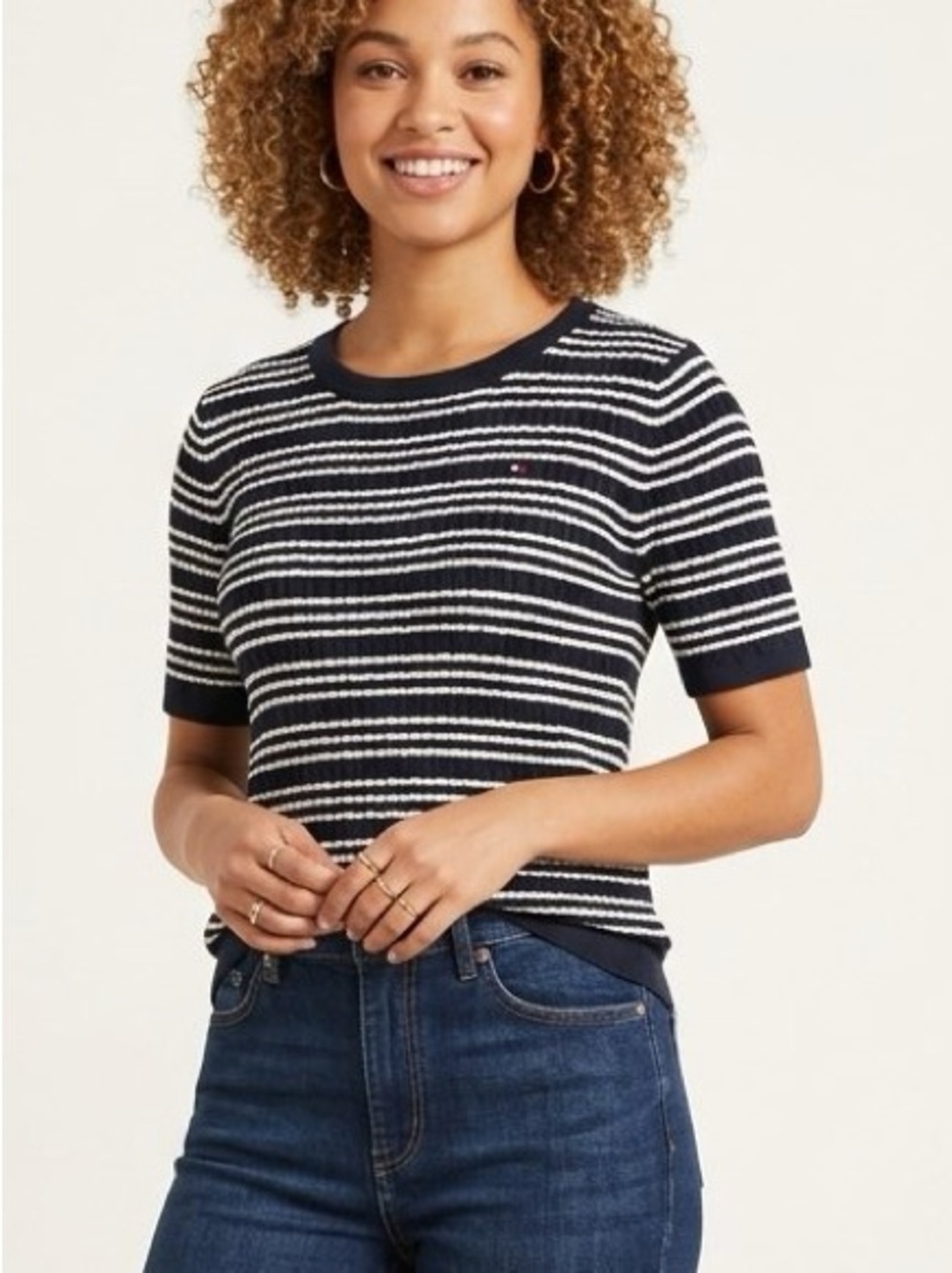Tommy Hilfiger Navy & White Striped Short-Sleeve Crew Sweater
